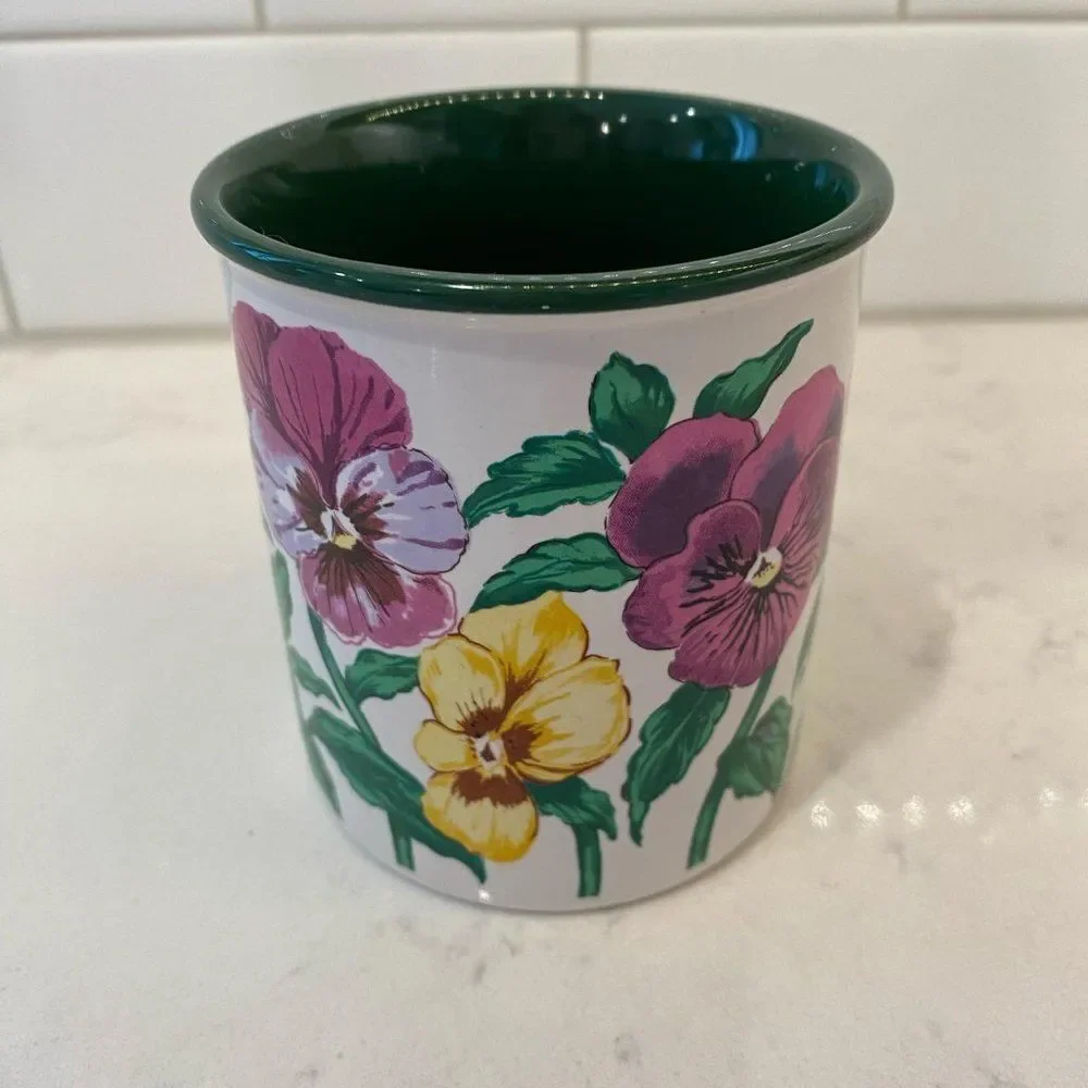 Vintage Rare Potpourri Designs Floral Pansies Coffee Mug 1991, 3.5